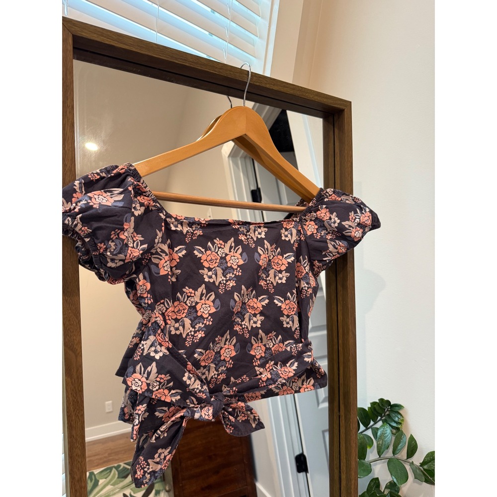 Free People Floral Wrap Crop Top Puff Sleeve Tie Front Blue Pink XS